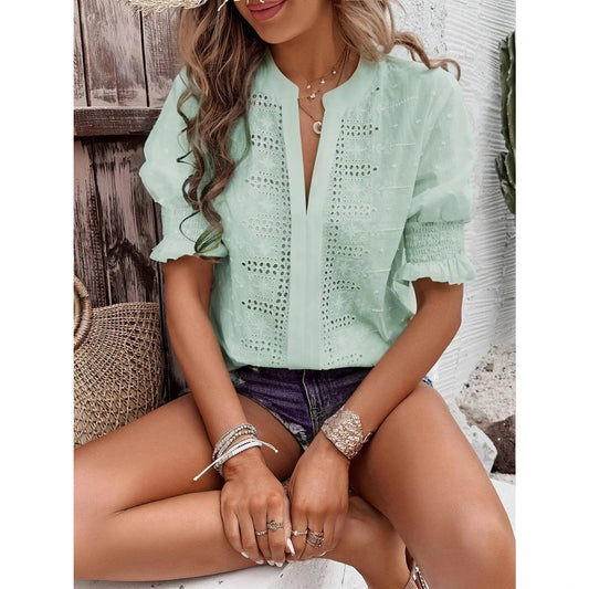Shawnee Green Notch V Neck Puff Sleeve Blouse