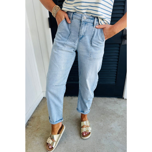 Shawnelle Beau Blue High Rise Barrel Relaxed Patch Pocket Jeans