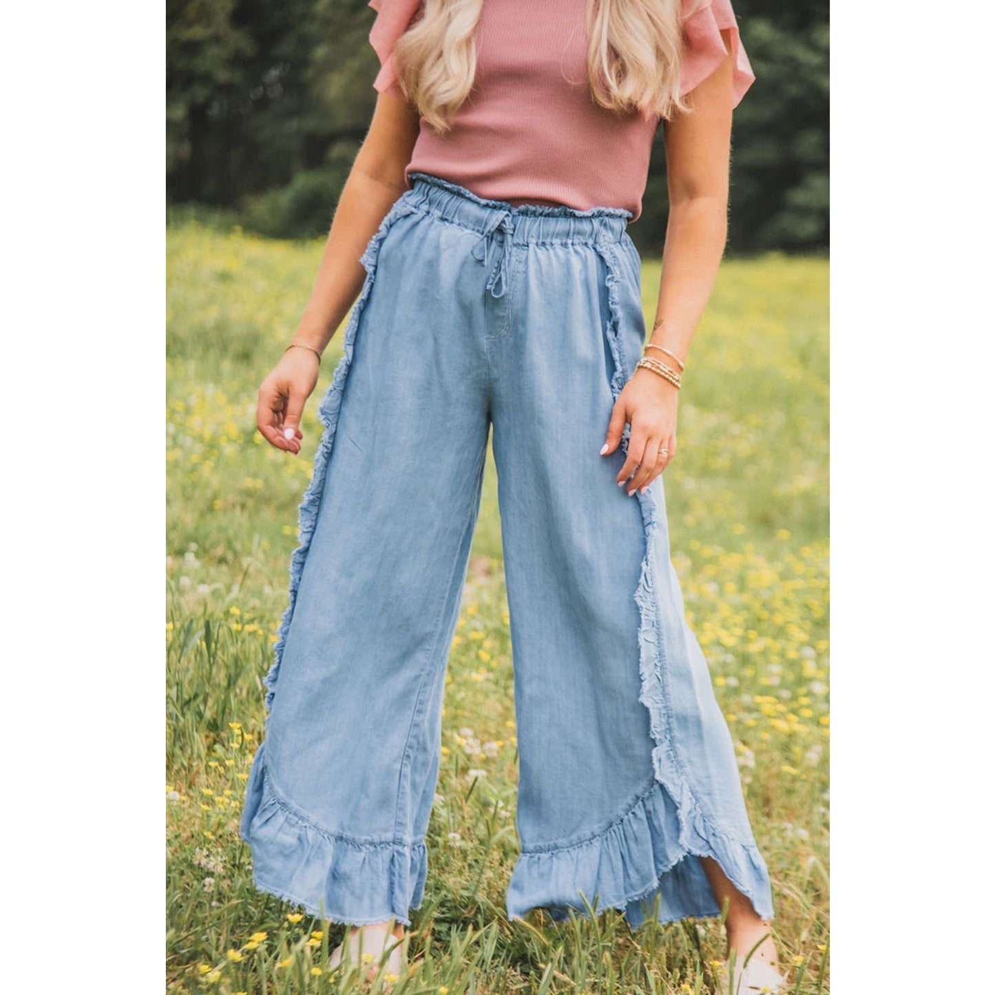 Shay Light Wash Raw Hem Ruffled Wide Leg Jeans