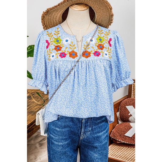 Shaylee Sky Blue Floral Embroidered Puff Sleeve Notched V Neck Blouse