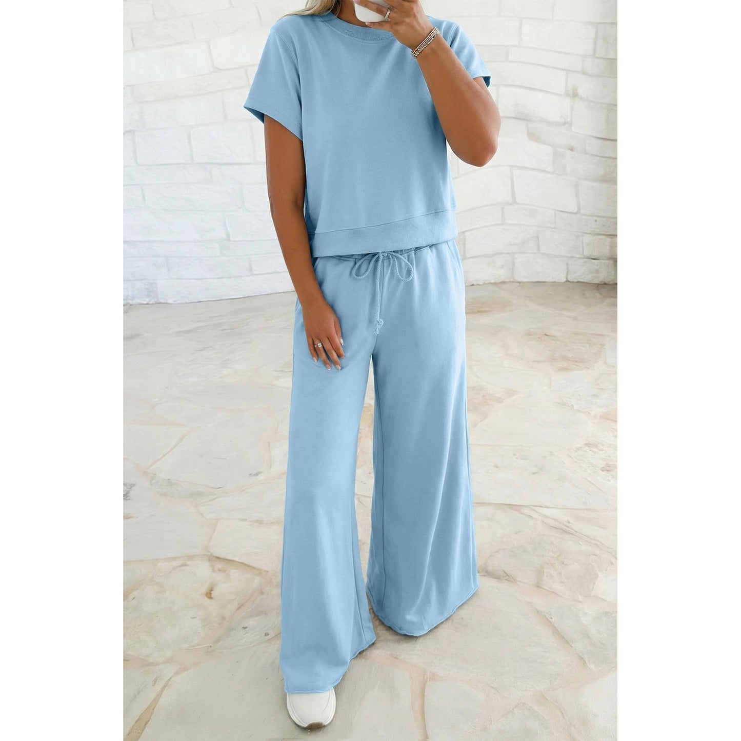 Shae Mist Blue Solid Color Loose Tee Drawstring Wide Leg Pants 2pcs Outfit
