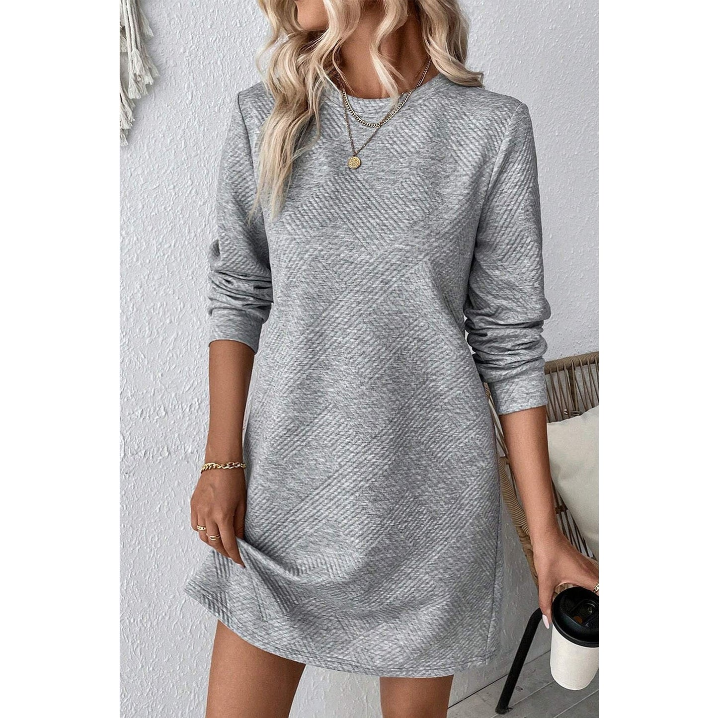 Shea Grey Textured Long Sleeve Shift Dress