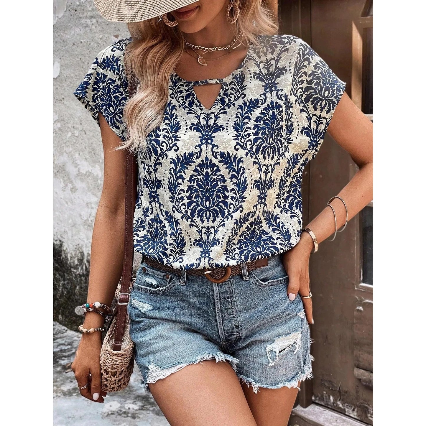 Sam Blue & White Floral Keyhole Top