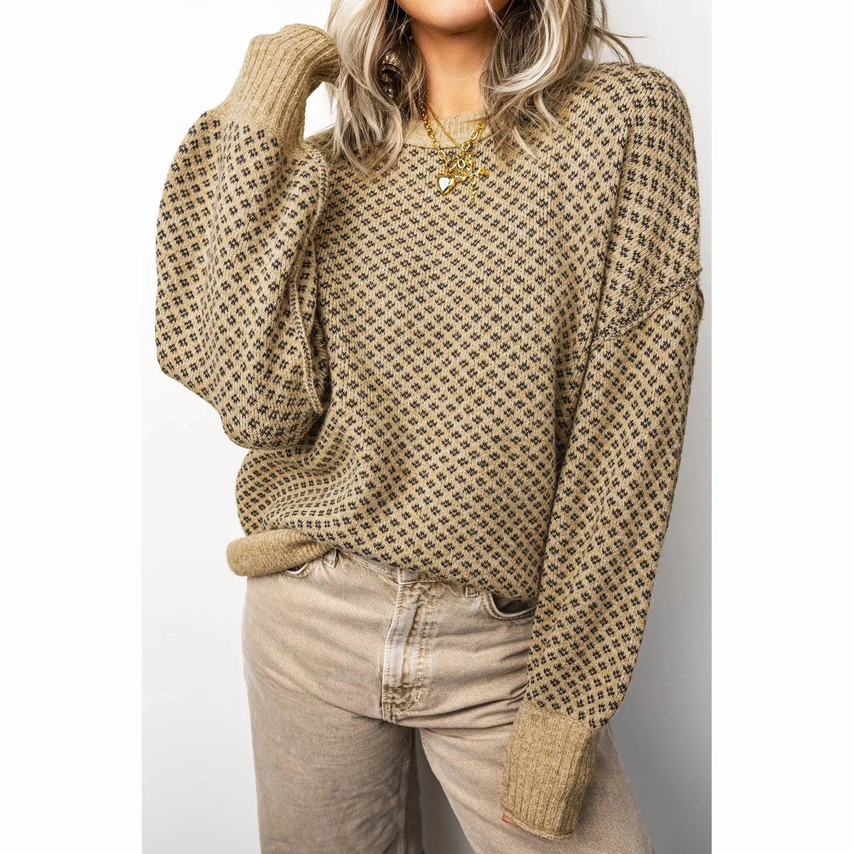 Sheena Khaki Geometric Print Drop Shoulder Round Neck Long Sleeve Sweater