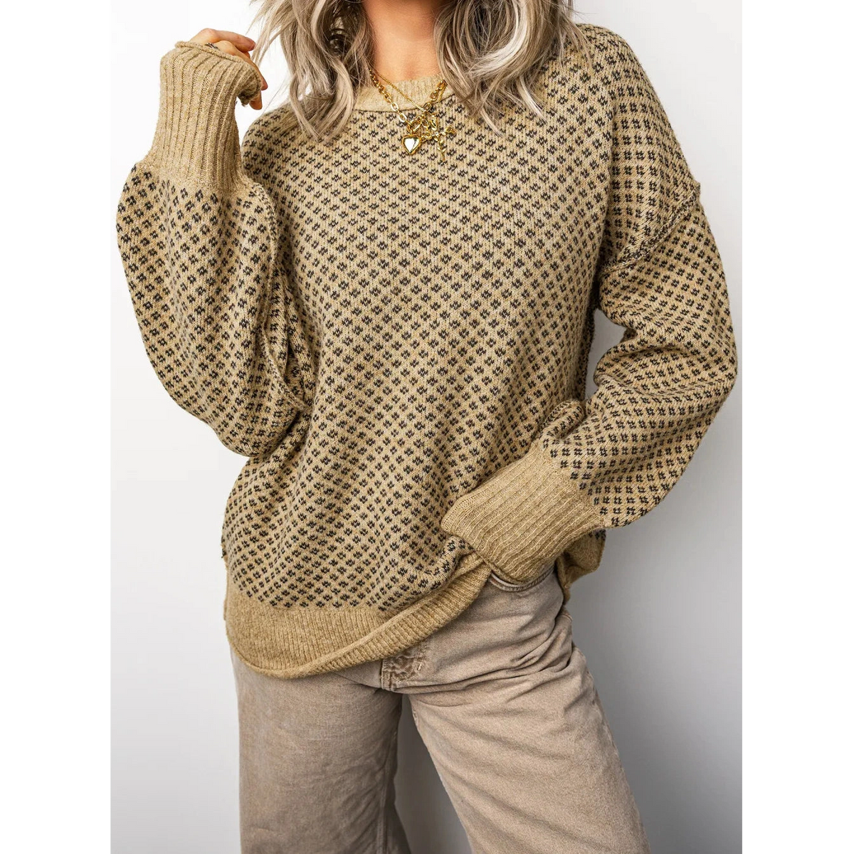 Sheena Khaki Geometric Print Drop Shoulder Round Neck Long Sleeve Sweater