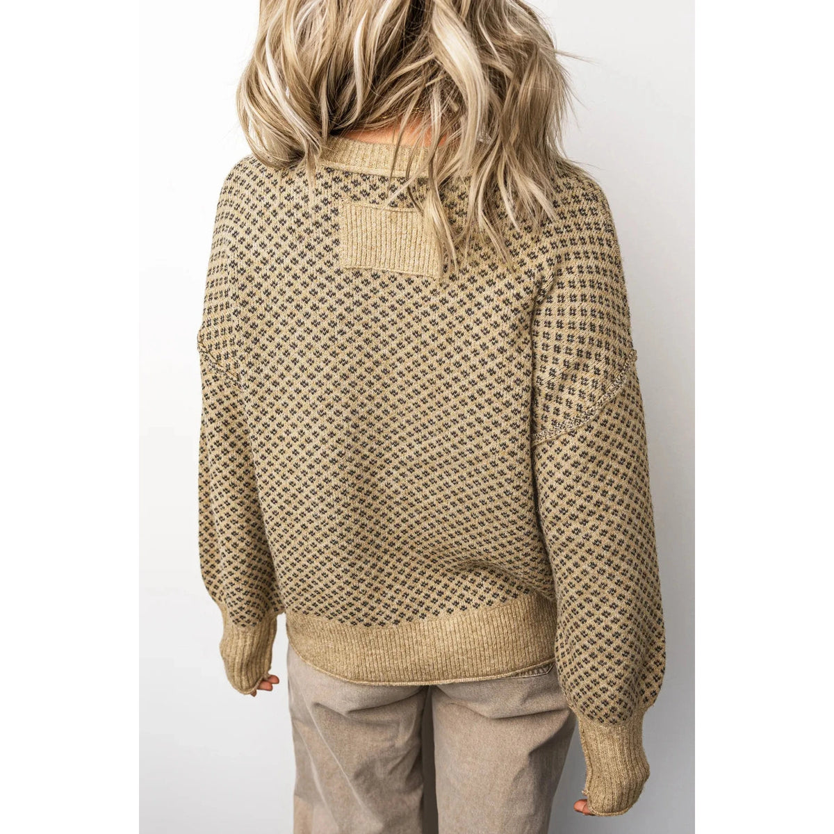 Sheena Khaki Geometric Print Drop Shoulder Round Neck Long Sleeve Sweater