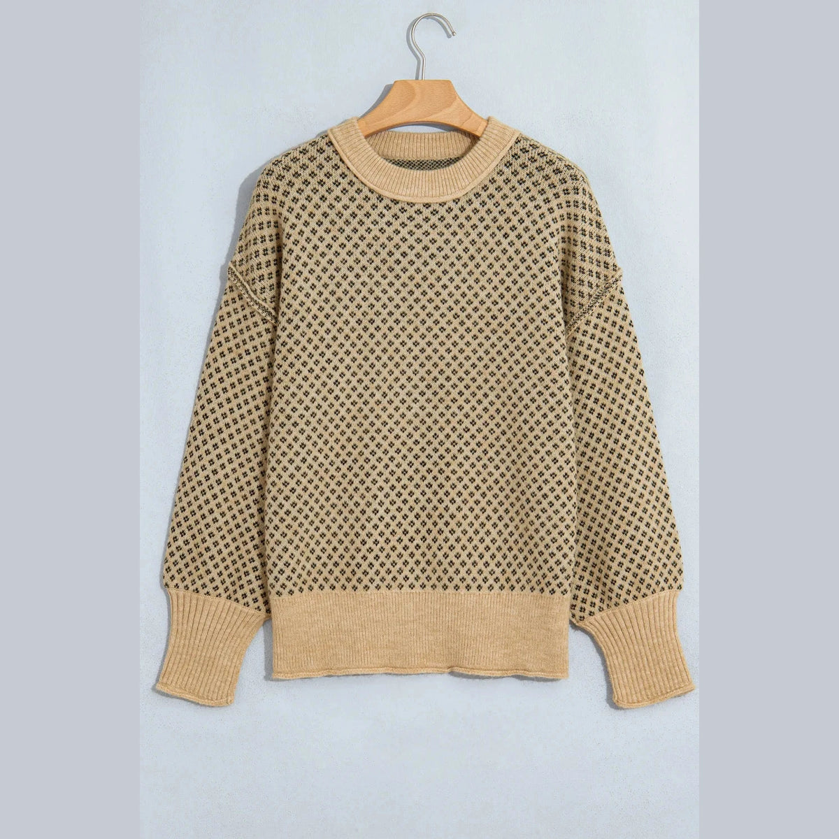 Sheena Khaki Geometric Print Drop Shoulder Round Neck Long Sleeve Sweater