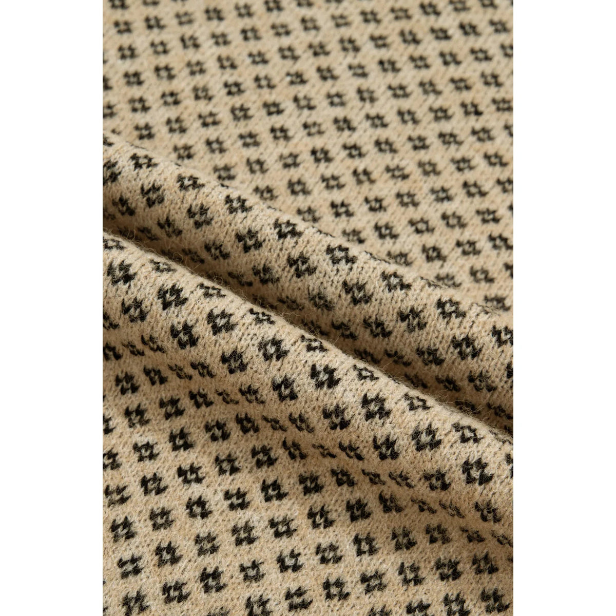 Sheena Khaki Geometric Print Drop Shoulder Round Neck Long Sleeve Sweater