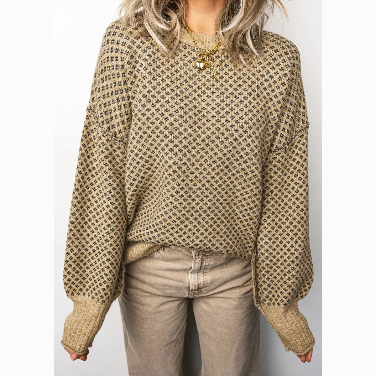 Sheena Khaki Geometric Print Drop Shoulder Round Neck Long Sleeve Sweater