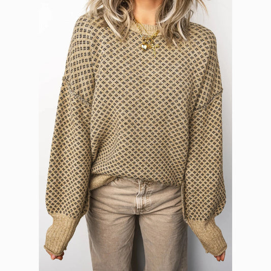Sheena Khaki Geometric Print Drop Shoulder Round Neck Long Sleeve Sweater