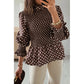 Shelby Brown Polka Dot Ruffled High Neck Shirred Ruffle Hem Blouse