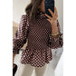 Shelby Brown Polka Dot Ruffled High Neck Shirred Ruffle Hem Blouse