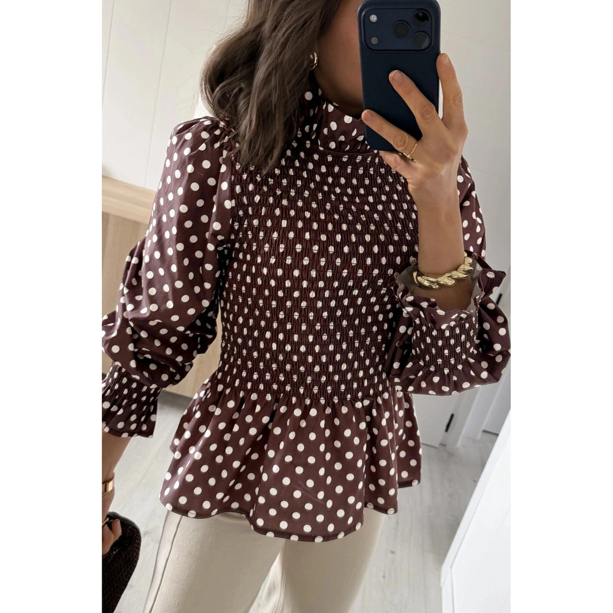 Shelby Brown Polka Dot Ruffled High Neck Shirred Ruffle Hem Blouse