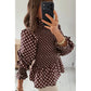 Shelby Brown Polka Dot Ruffled High Neck Shirred Ruffle Hem Blouse