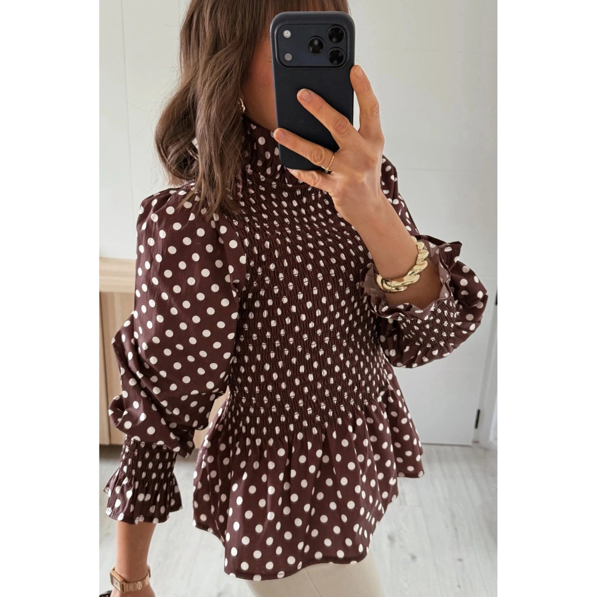 Shelby Brown Polka Dot Ruffled High Neck Shirred Ruffle Hem Blouse