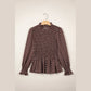 Shelby Brown Polka Dot Ruffled High Neck Shirred Ruffle Hem Blouse