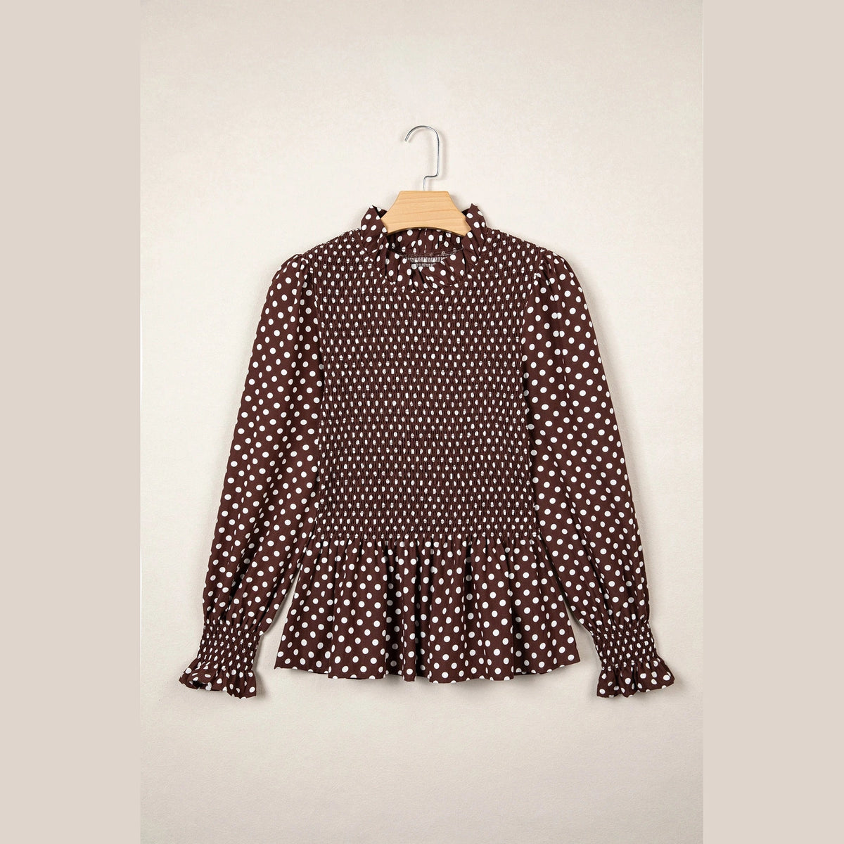 Shelby Brown Polka Dot Ruffled High Neck Shirred Ruffle Hem Blouse
