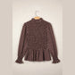 Shelby Brown Polka Dot Ruffled High Neck Shirred Ruffle Hem Blouse
