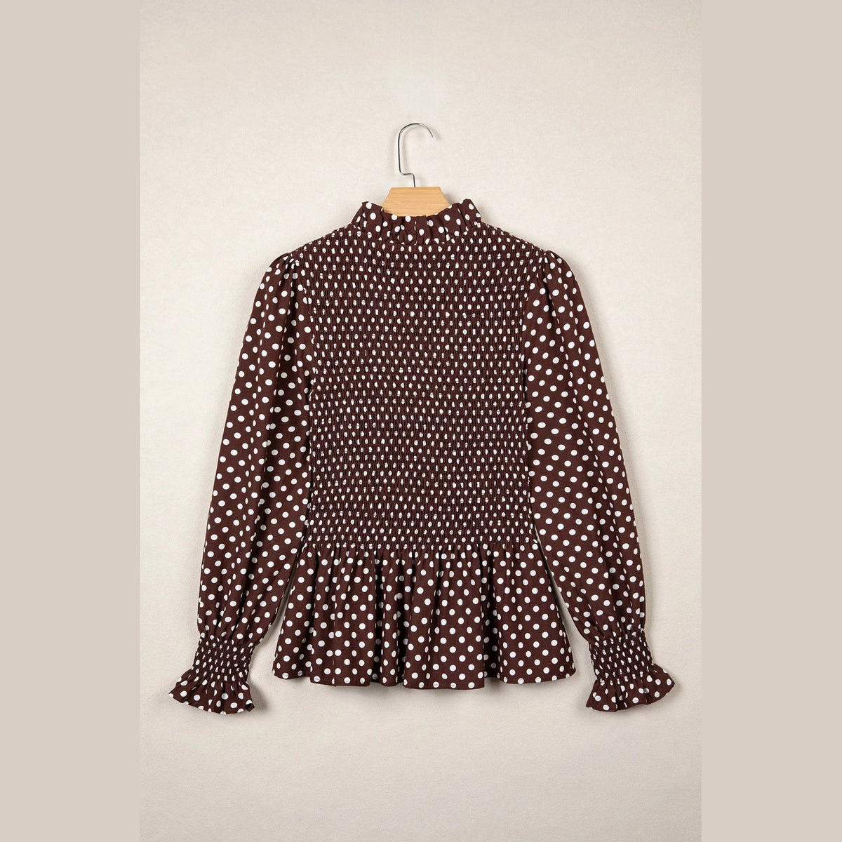 Shelby Brown Polka Dot Ruffled High Neck Shirred Ruffle Hem Blouse