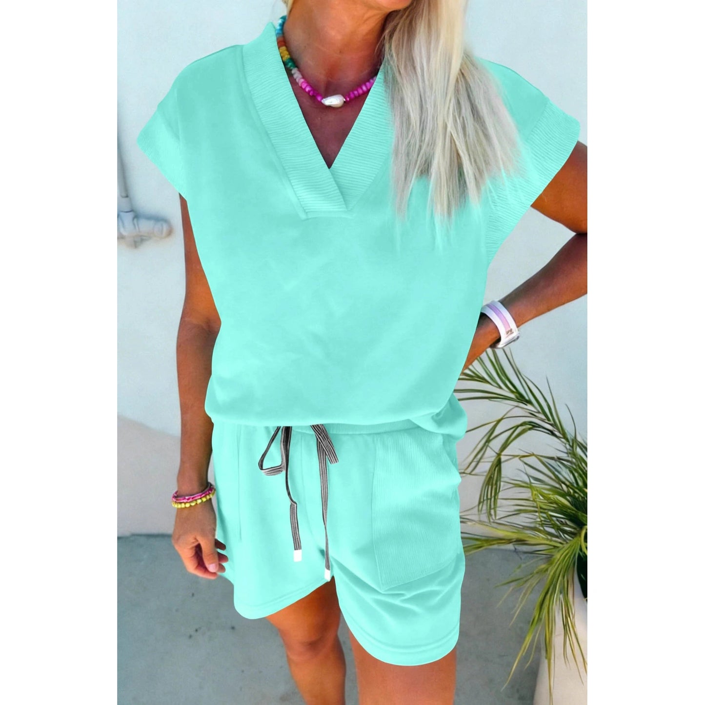 Shelia Mint Green V Neck Short Sleeve Top Drawstring Shorts 2pcs Set