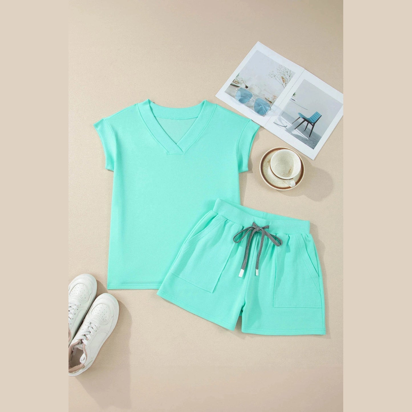 Shelia Mint Green V Neck Short Sleeve Top Drawstring Shorts 2pcs Set