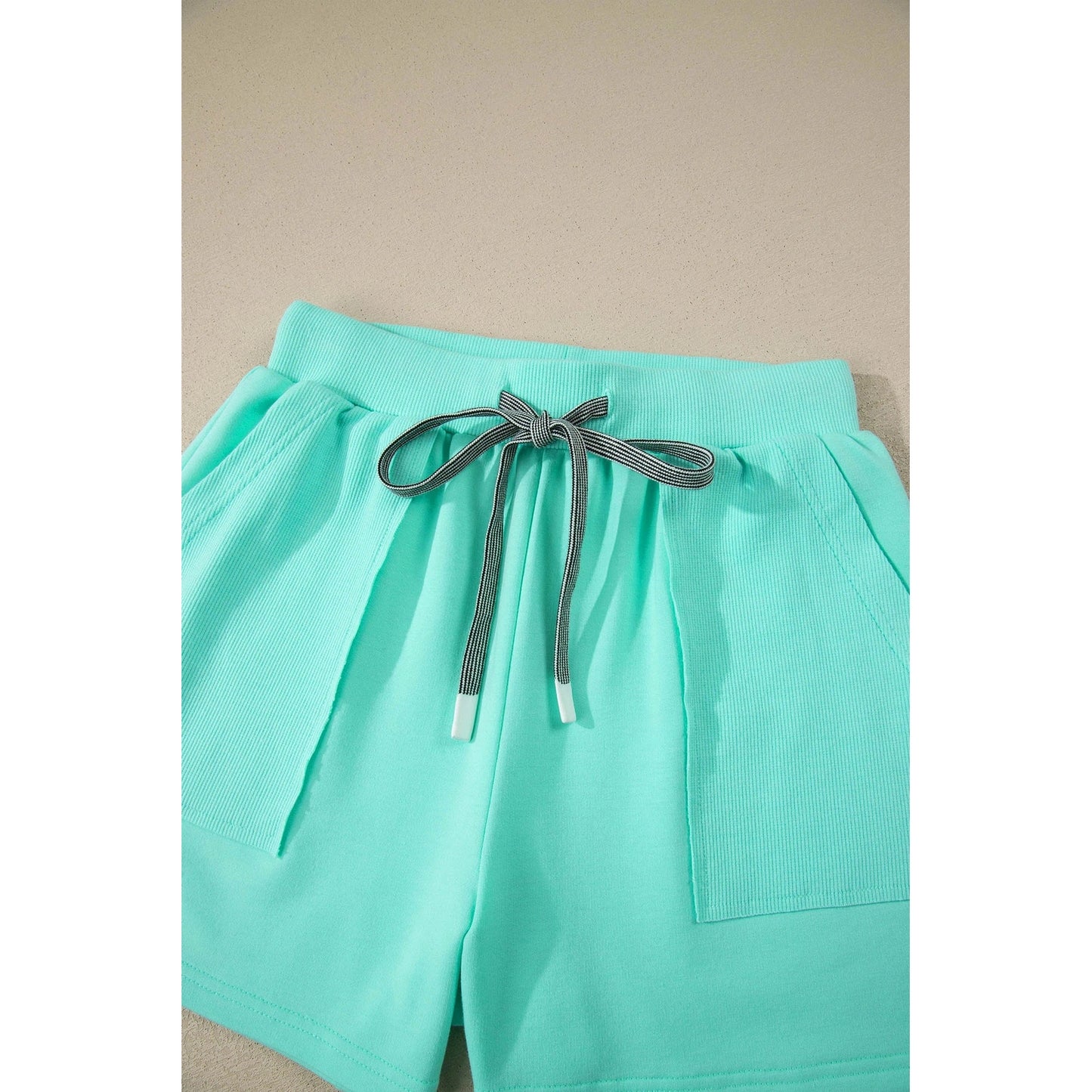 Shelia Mint Green V Neck Short Sleeve Top Drawstring Shorts 2pcs Set
