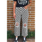 Shelly Black Checkerboard Print Distressed Holes Raw Edge Cropped Jeans