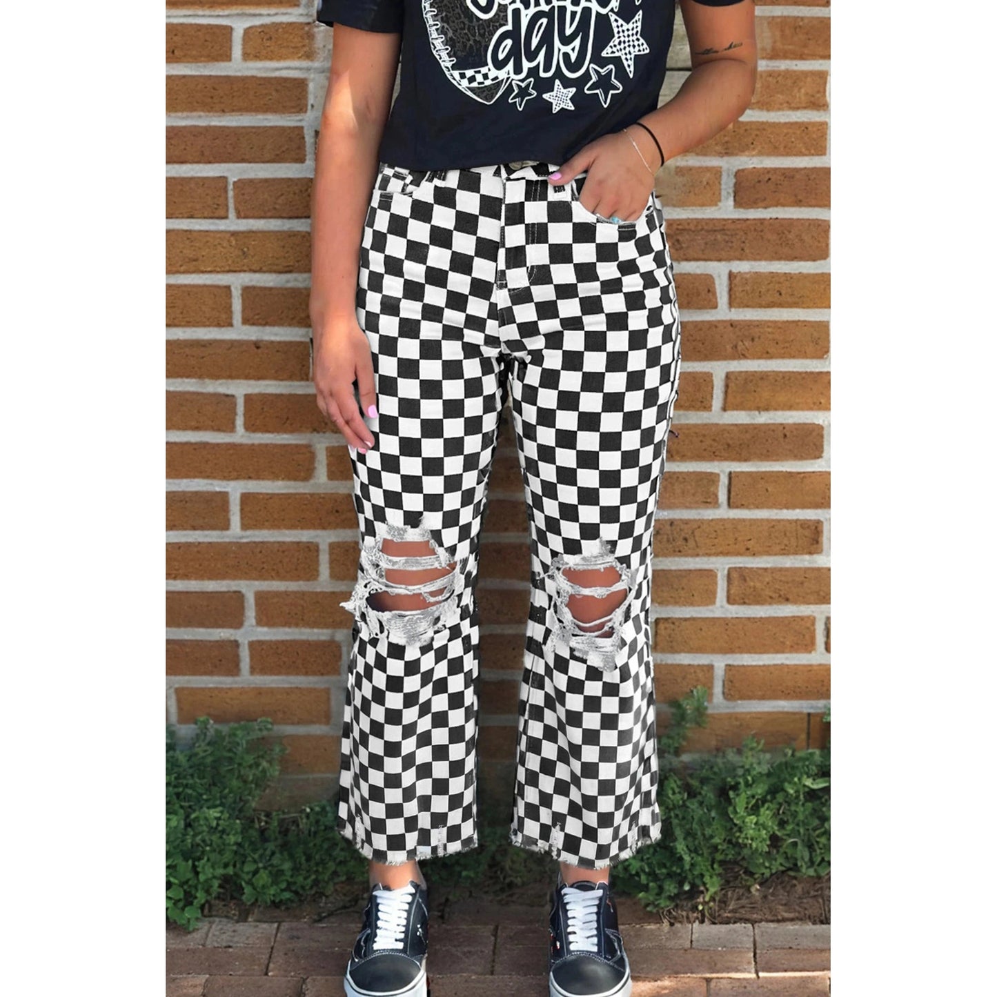 Shelly Black Checkerboard Print Distressed Holes Raw Edge Cropped Jeans