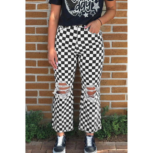 Shelly Black Checkerboard Print Distressed Holes Raw Edge Cropped Jeans