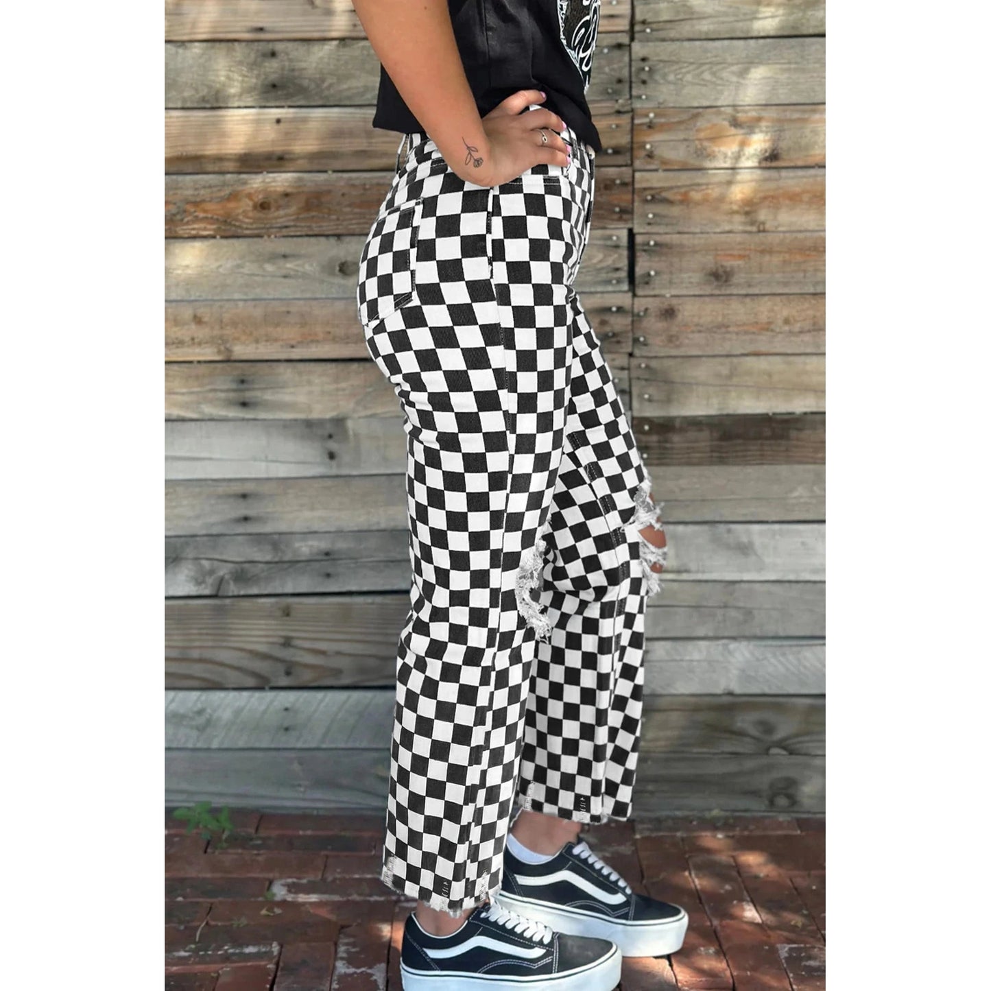 Shelly Black Checkerboard Print Distressed Holes Raw Edge Cropped Jeans
