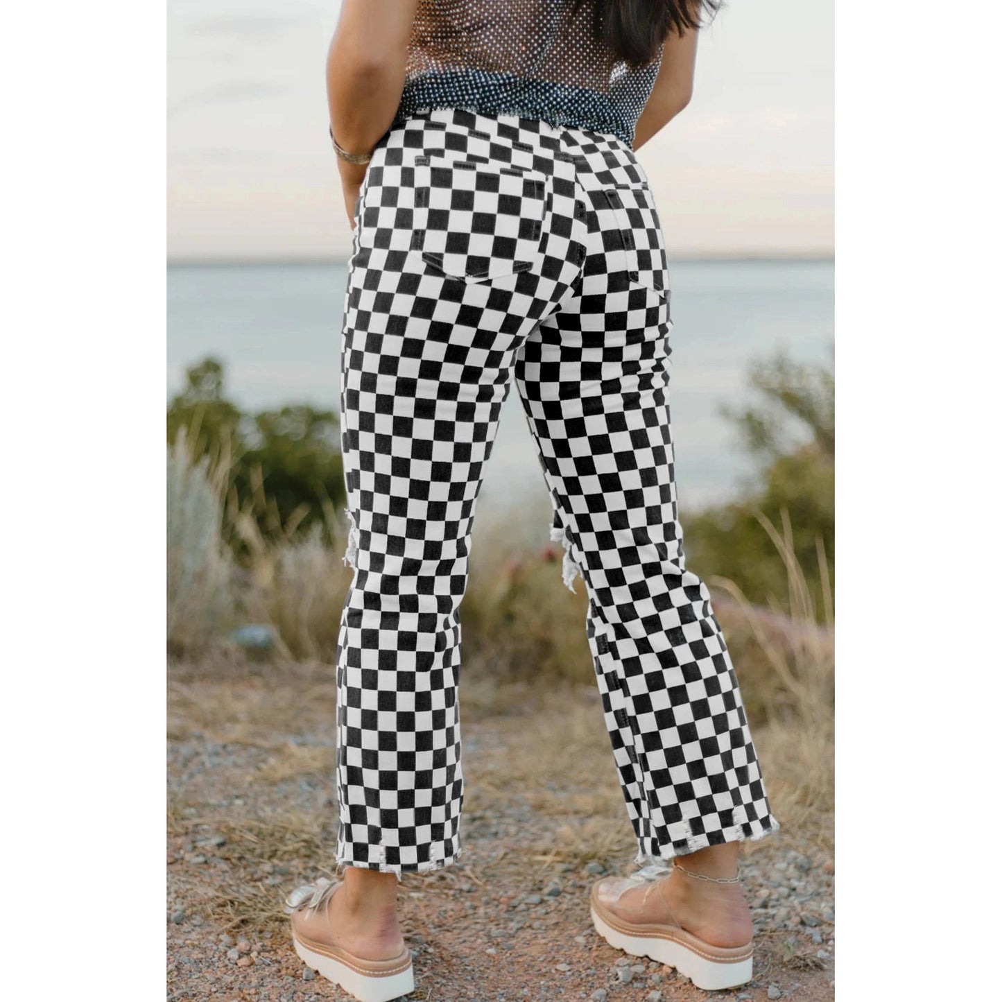 Shelly Black Checkerboard Print Distressed Holes Raw Edge Cropped Jeans