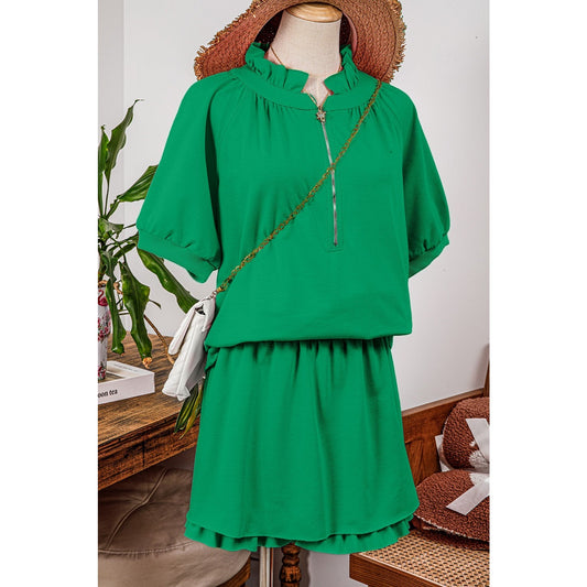 Shenaye Green Half Zip Puff Sleeve Top and Ruffled Shorts Set