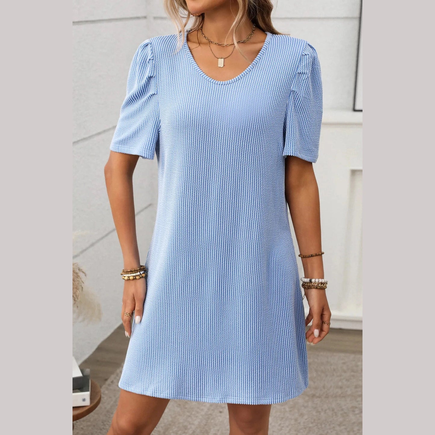Sheresa Blue Textured Short Sleeve Pleated Mini Dress