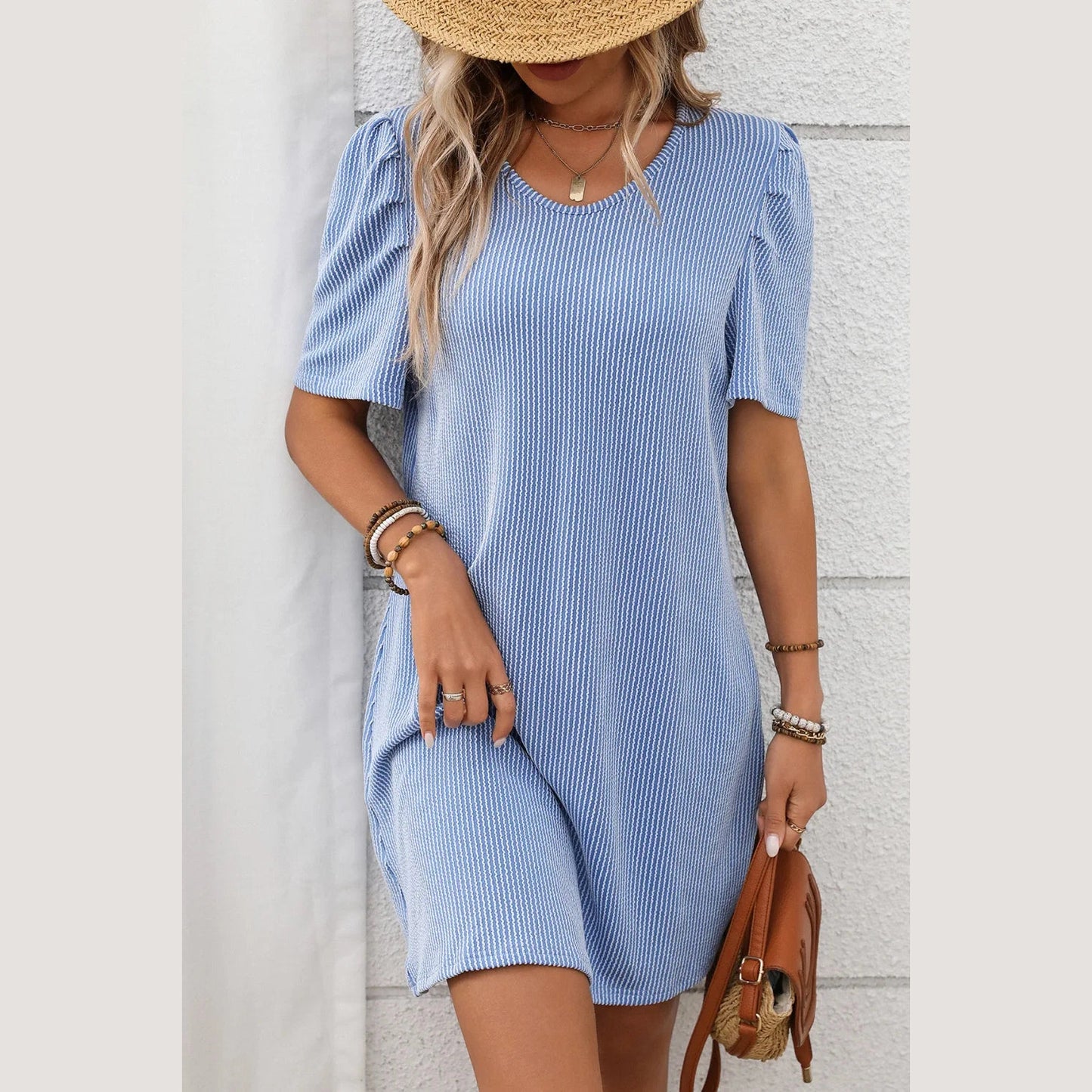 Sheresa Blue Textured Short Sleeve Pleated Mini Dress