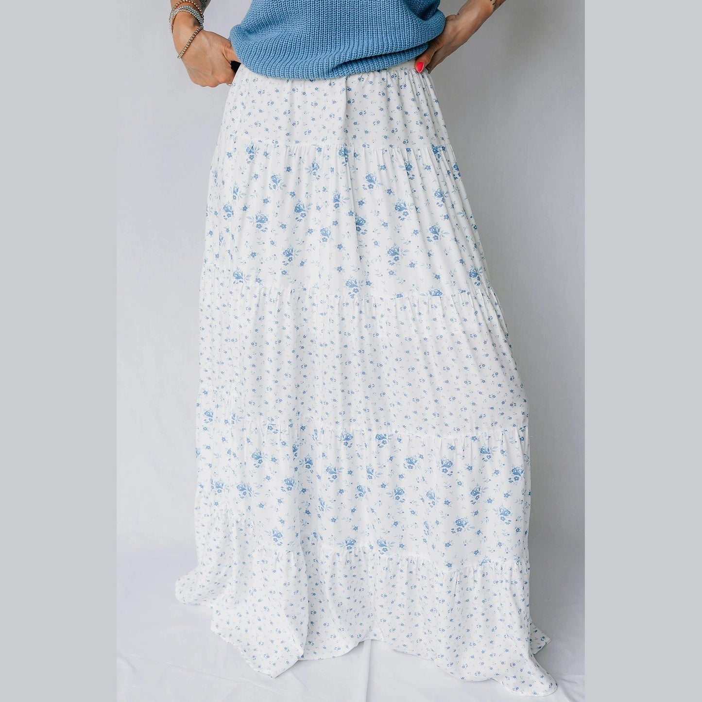 Sheryl Sky Blue High Waist Tiny Floral Print Boho Maxi Skirt