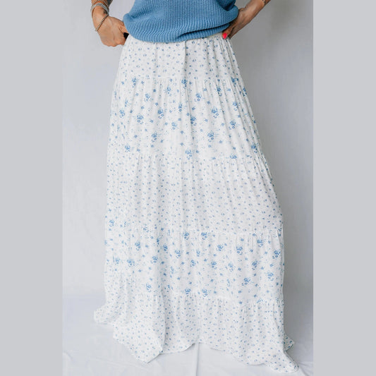 Sheryl Sky Blue High Waist Tiny Floral Print Boho Maxi Skirt