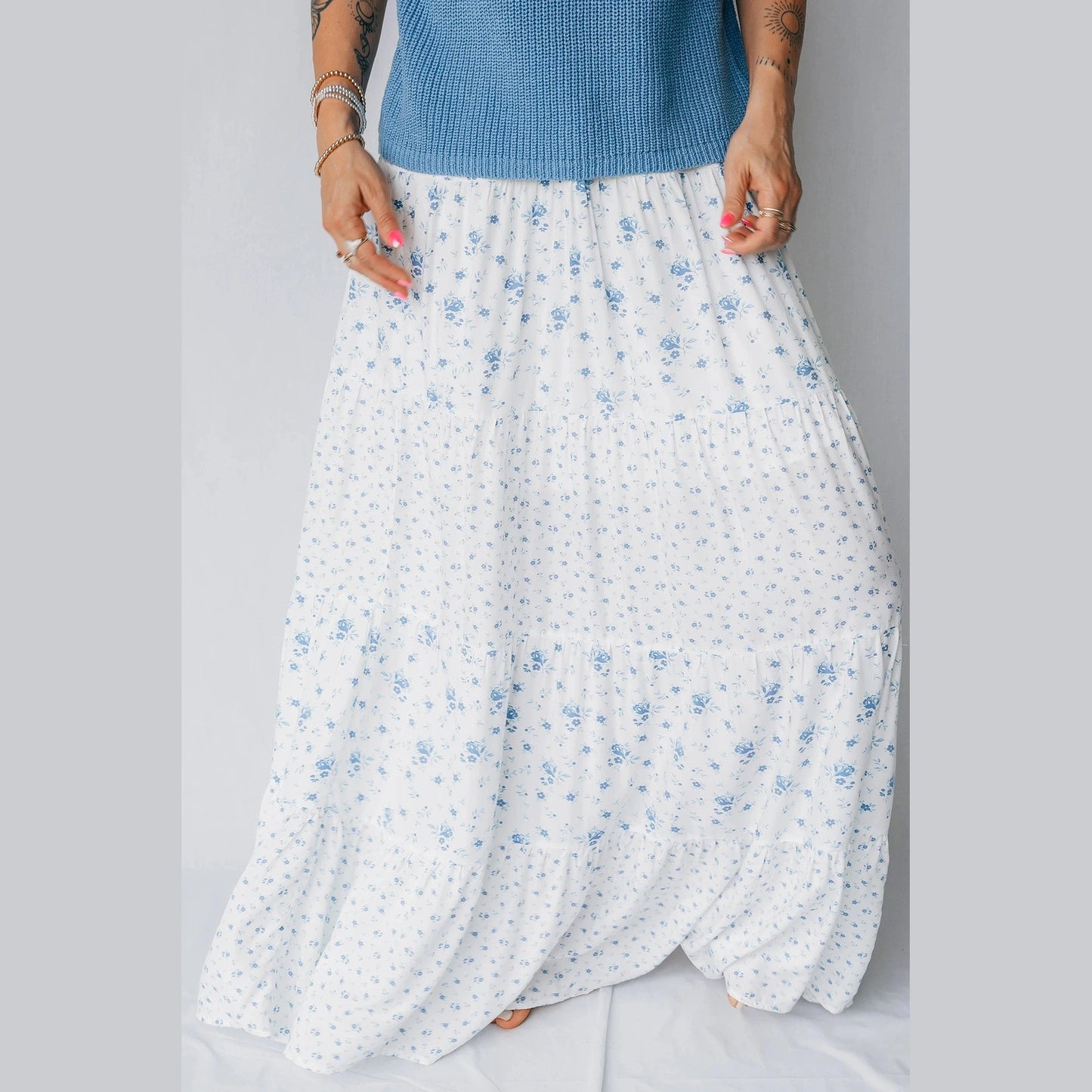 Sheryl Sky Blue High Waist Tiny Floral Print Boho Maxi Skirt