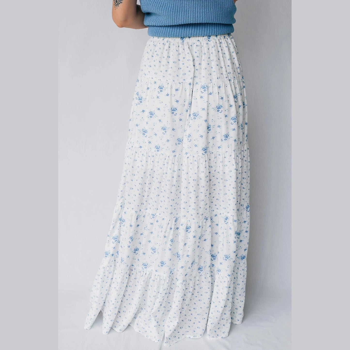 Sheryl Sky Blue High Waist Tiny Floral Print Boho Maxi Skirt