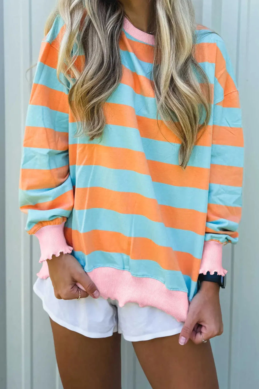 Sherlyn Orange Stripe Ribbed Color Block Trim Round Neck Long Sleeve Shift Top