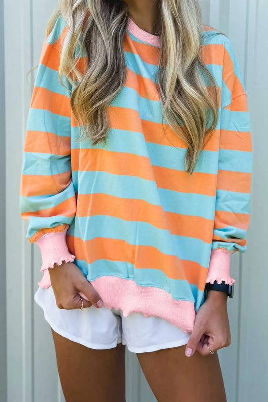 Sherlyn Orange Stripe Ribbed Color Block Trim Round Neck Long Sleeve Shift Top