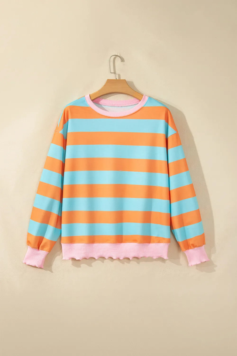 Sherlyn Orange Stripe Ribbed Color Block Trim Round Neck Long Sleeve Shift Top