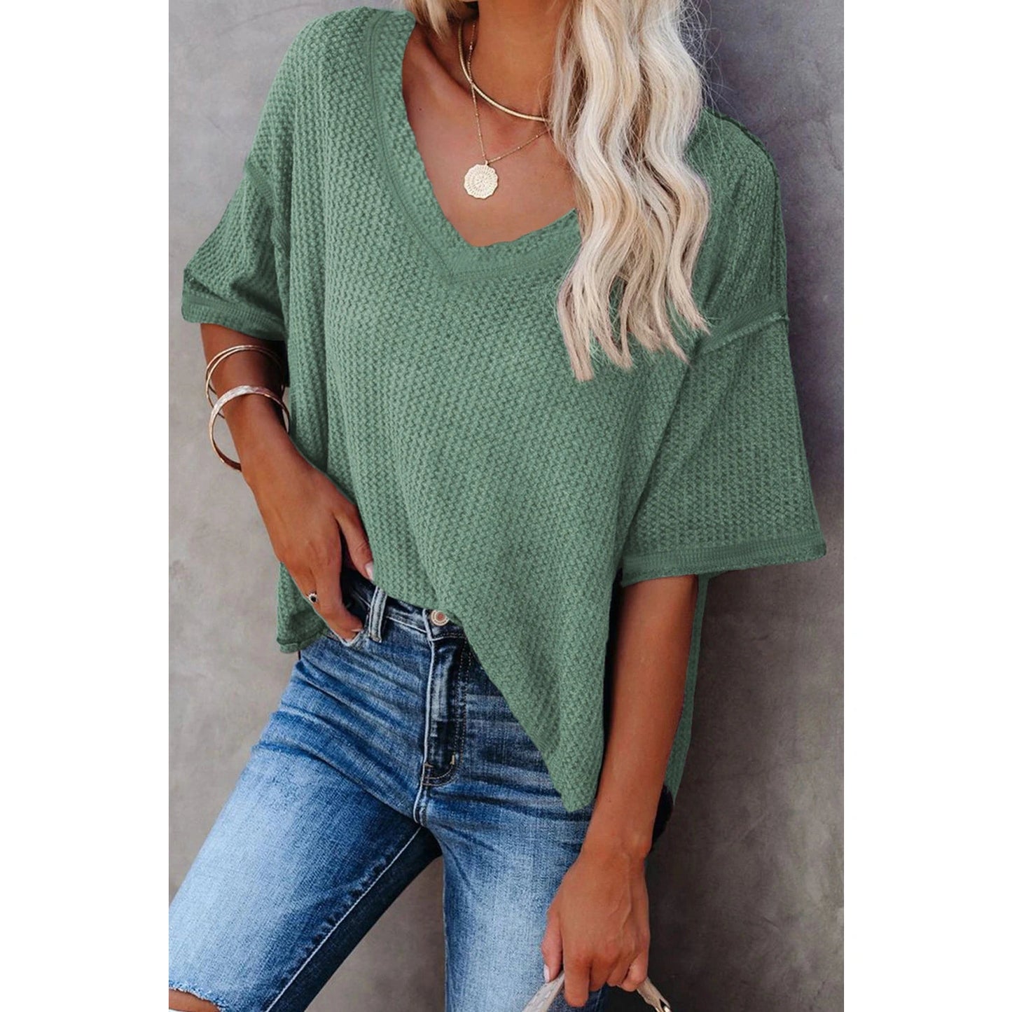 Sherry Dark Green Exposed Seam Half Sleeve Knitted V Neck Textured Top
