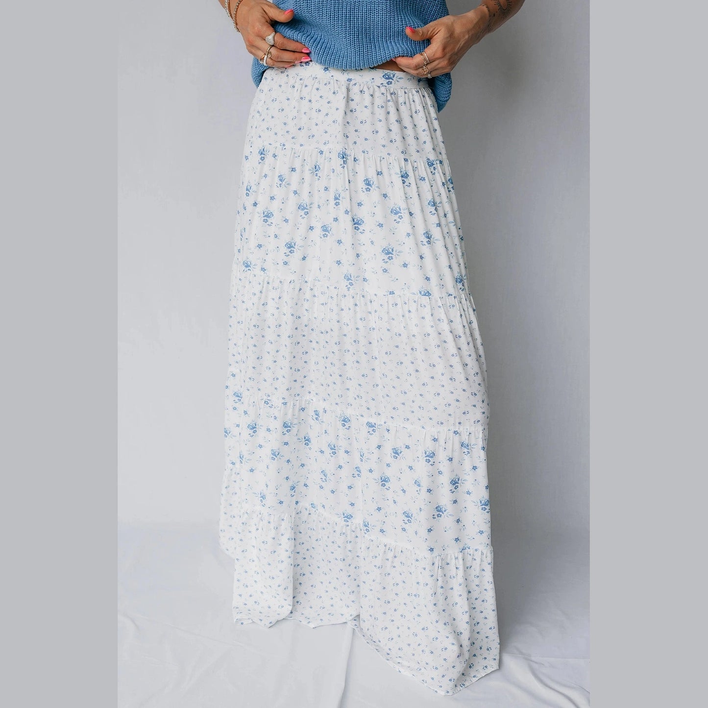 Sheryl Sky Blue High Waist Tiny Floral Print Boho Maxi Skirt