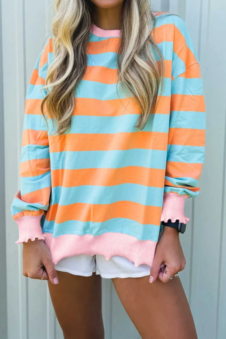 Sherlyn Orange Stripe Ribbed Color Block Trim Round Neck Long Sleeve Shift Top