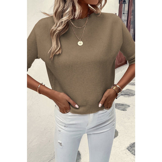 Shia Coffee Round Neck Half Sleeve Ribbed Knit Top