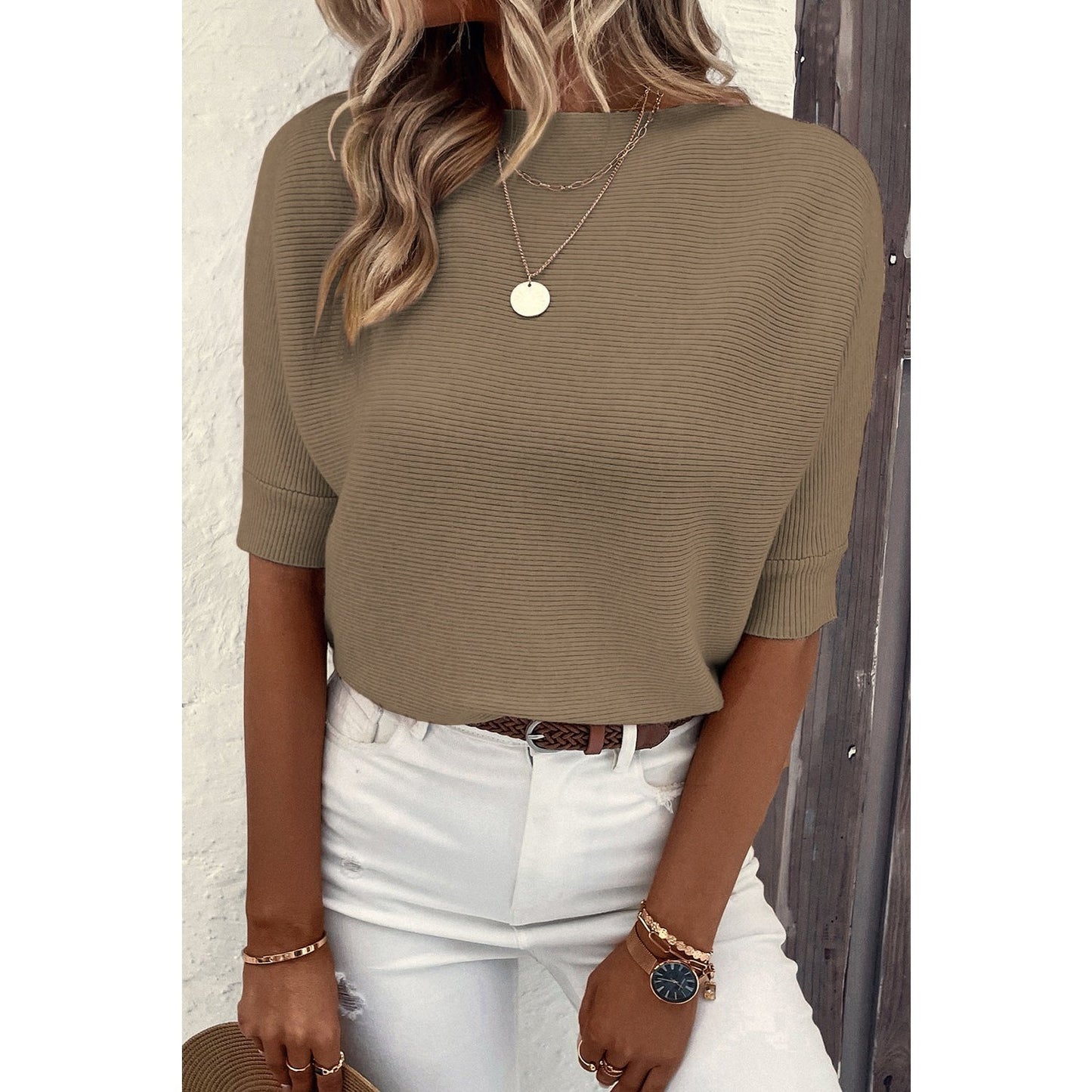 Shia Coffee Round Neck Half Sleeve Ribbed Knit Top