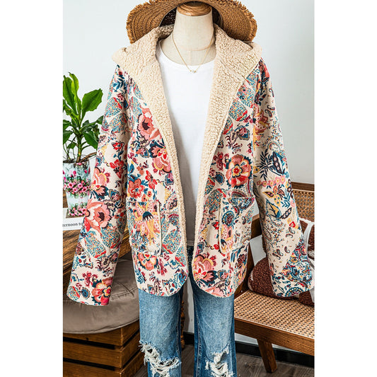 Shirl Vintage Paisley Floral Printed Sherpa Lined Hooded Jacket
