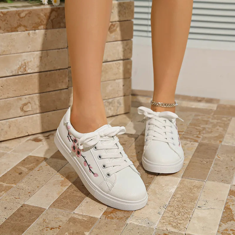 Peach Blossom Embroidery Rubber Sole Lace-up PU Leather Shoes