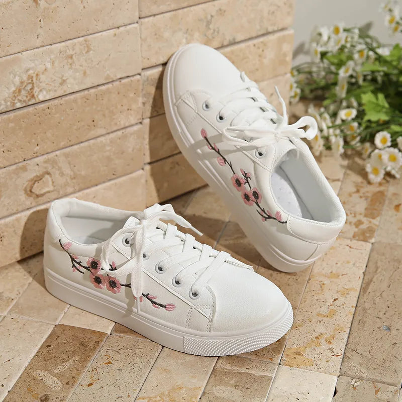 Peach Blossom Embroidery Rubber Sole Lace-up PU Leather Shoes