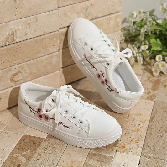 Peach Blossom Embroidery Rubber Sole Lace-up PU Leather Shoes